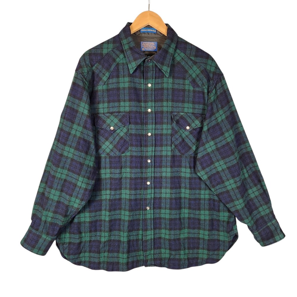 Vintage Pendleton Western Shirt Men's 1X Green Plaid Wool Pearl Snap Western